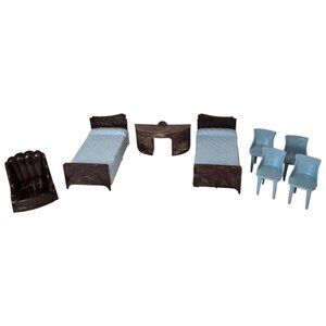Vintage 1950s Plasco Toy Dollhouse Furniture Set Blue Beds Desk Armchair Chairs
